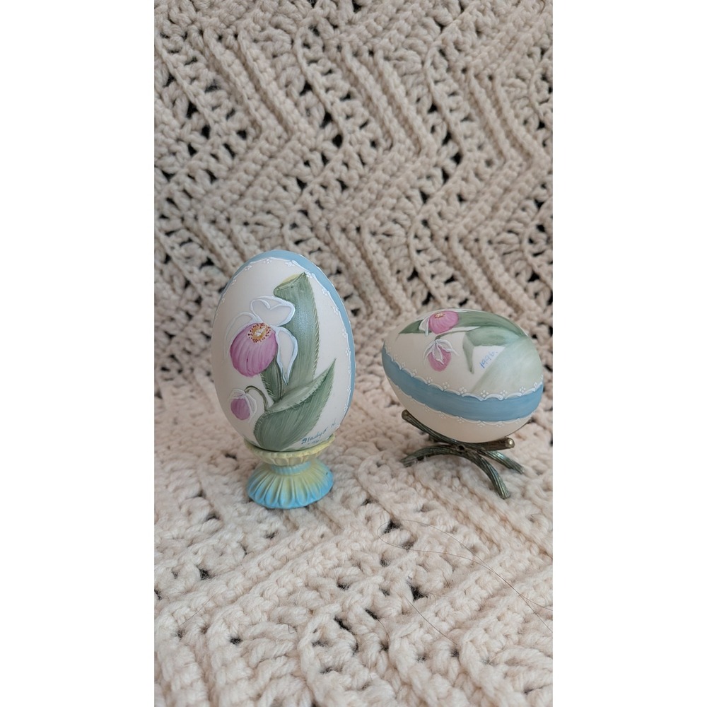 Vintage Hand Painted Eggs Set 2 Easter Decor Pink Lady Slipper Floral Signed